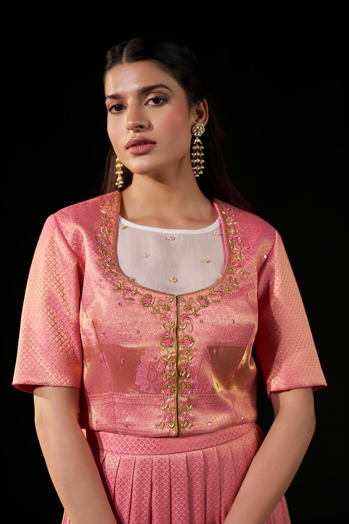 Blush Pink Brocade Designer Blouse with Organza Inner