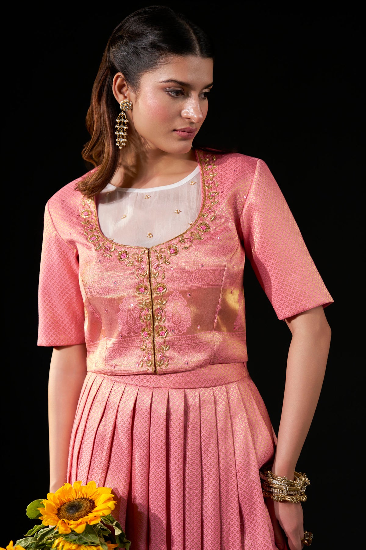 Blush Pink Brocade Designer Blouse with Organza Inner