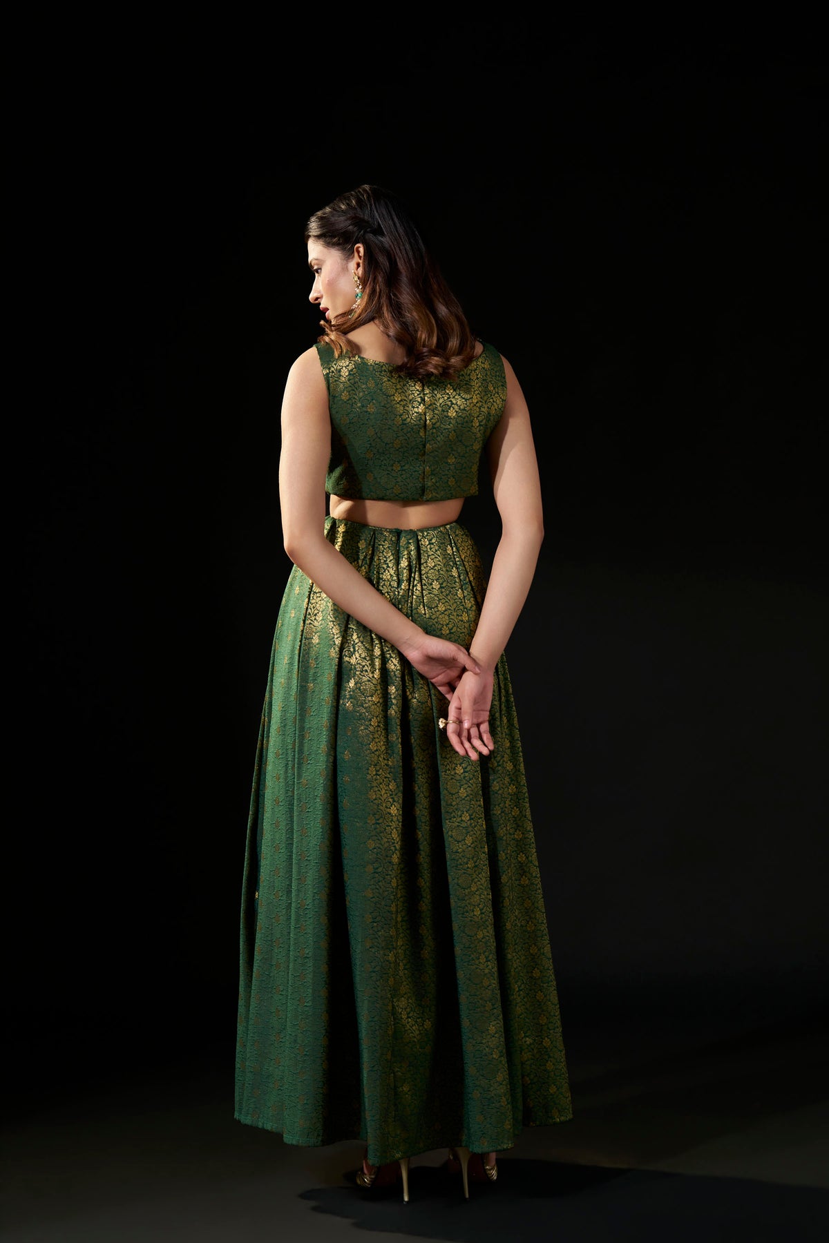 Emerald Green Hand-Embellished Brocade Gown