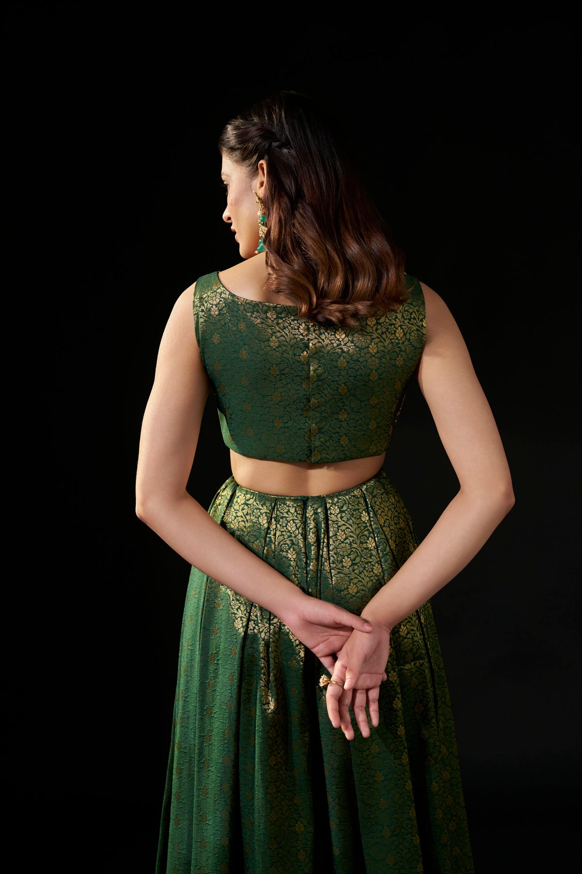 Emerald Green Hand-Embellished Brocade Gown