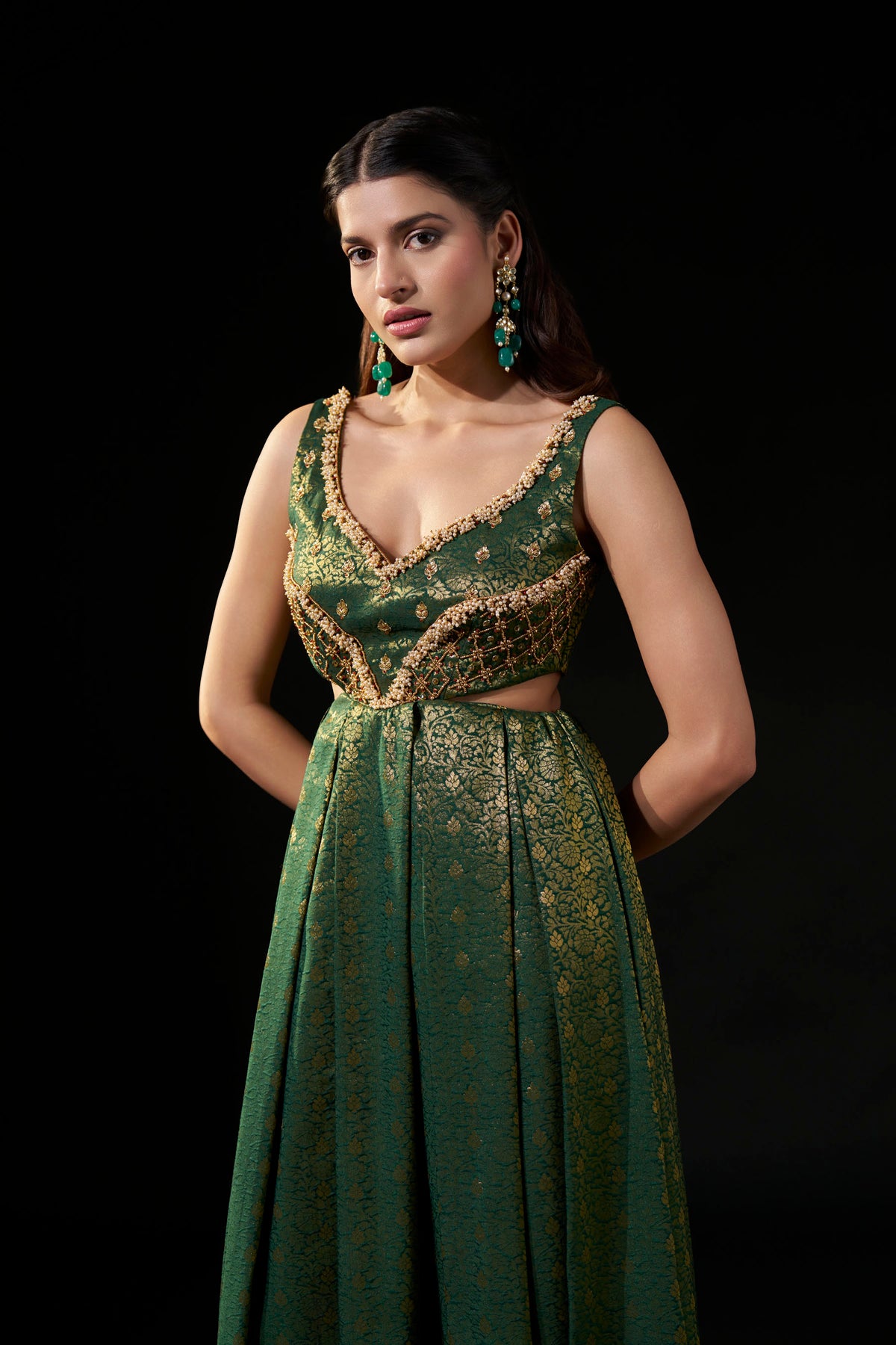 Emerald Green Hand-Embellished Brocade Gown