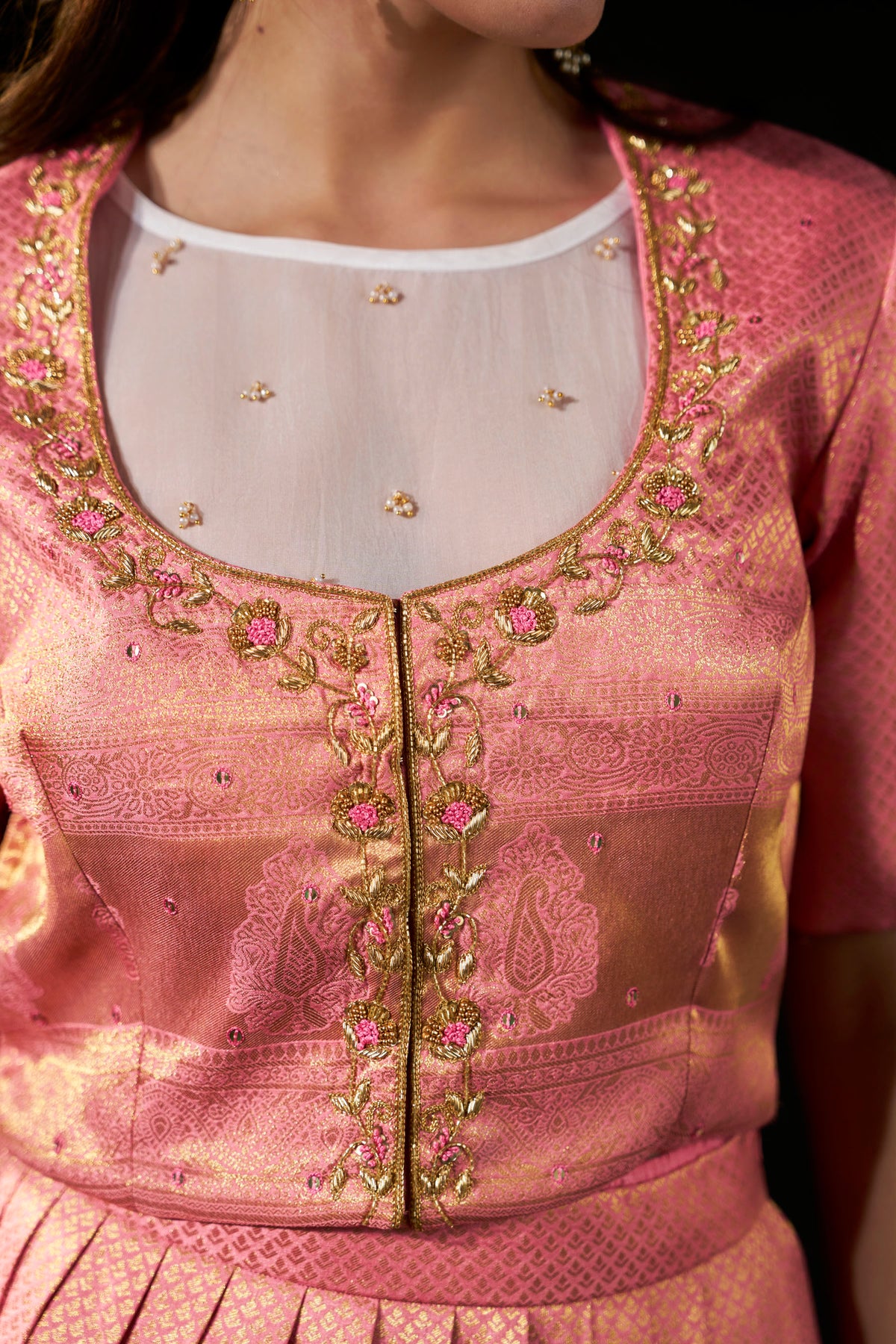 Blush Pink Brocade Designer Blouse with Organza Inner