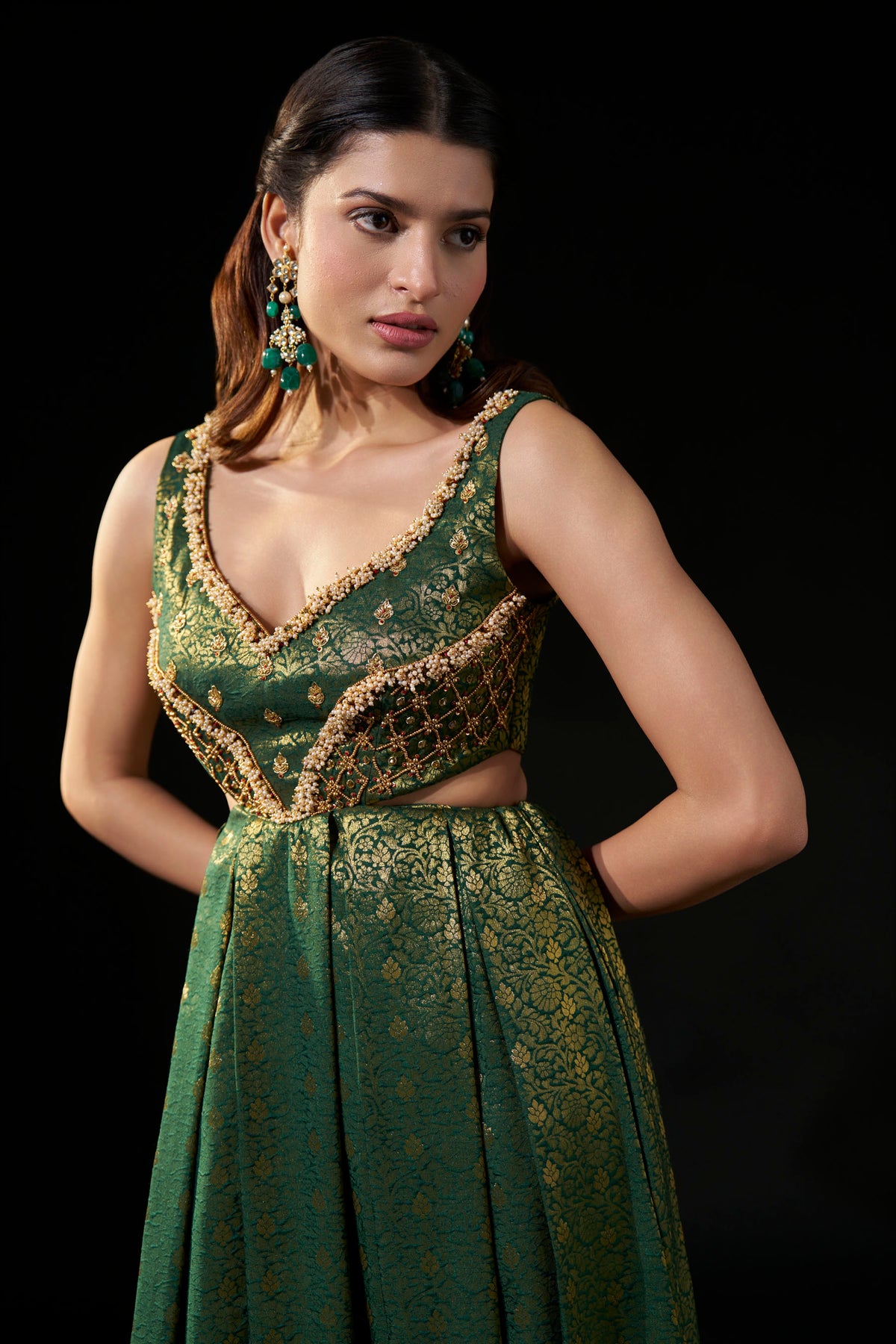 Emerald Green Hand-Embellished Brocade Gown