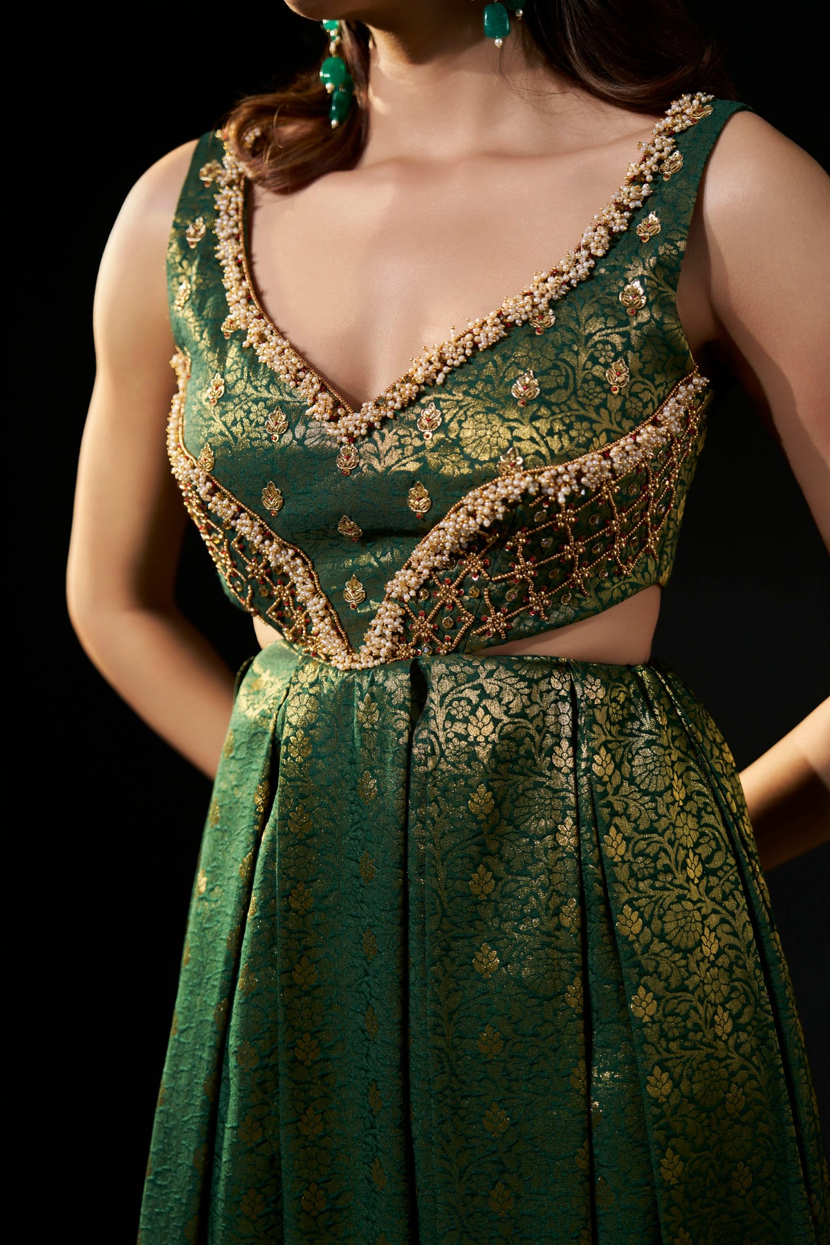 Emerald Green Hand-Embellished Brocade Gown