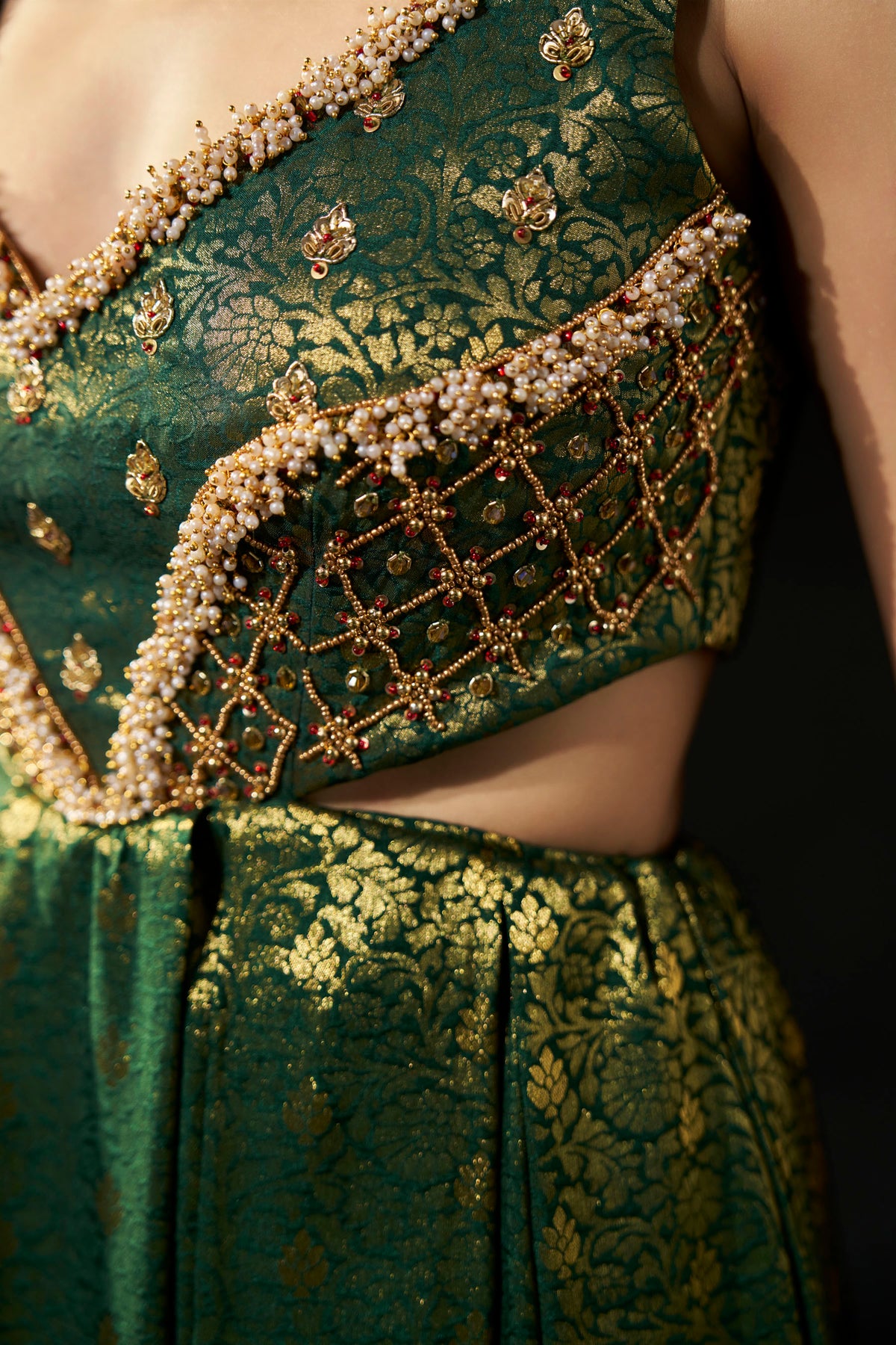 Emerald Green Hand-Embellished Brocade Gown