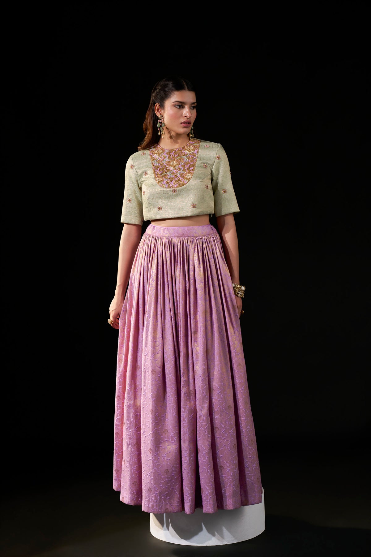 Lavender Kanjipattu Skirt Set with Hand-Embellished Blouse