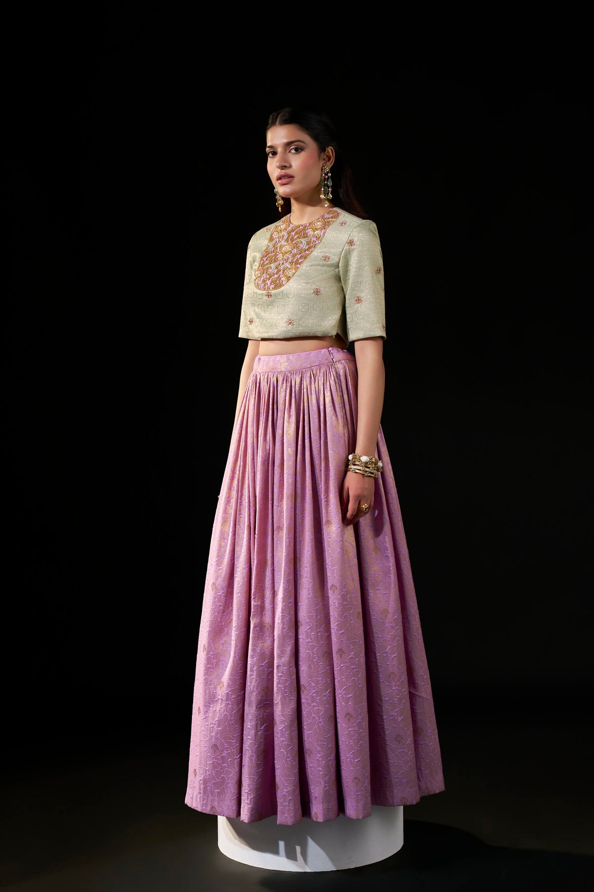 Lavender Kanjipattu Skirt Set with Hand-Embellished Blouse