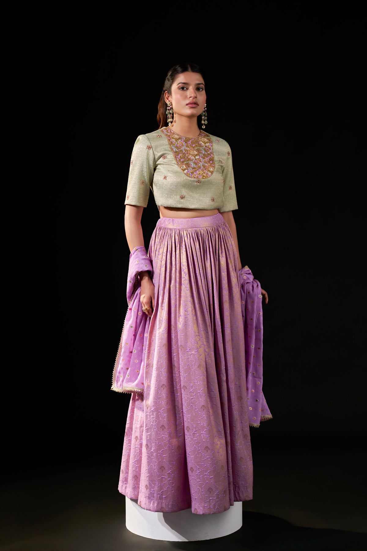 Lavender Kanjipattu Skirt Set with Hand-Embellished Blouse