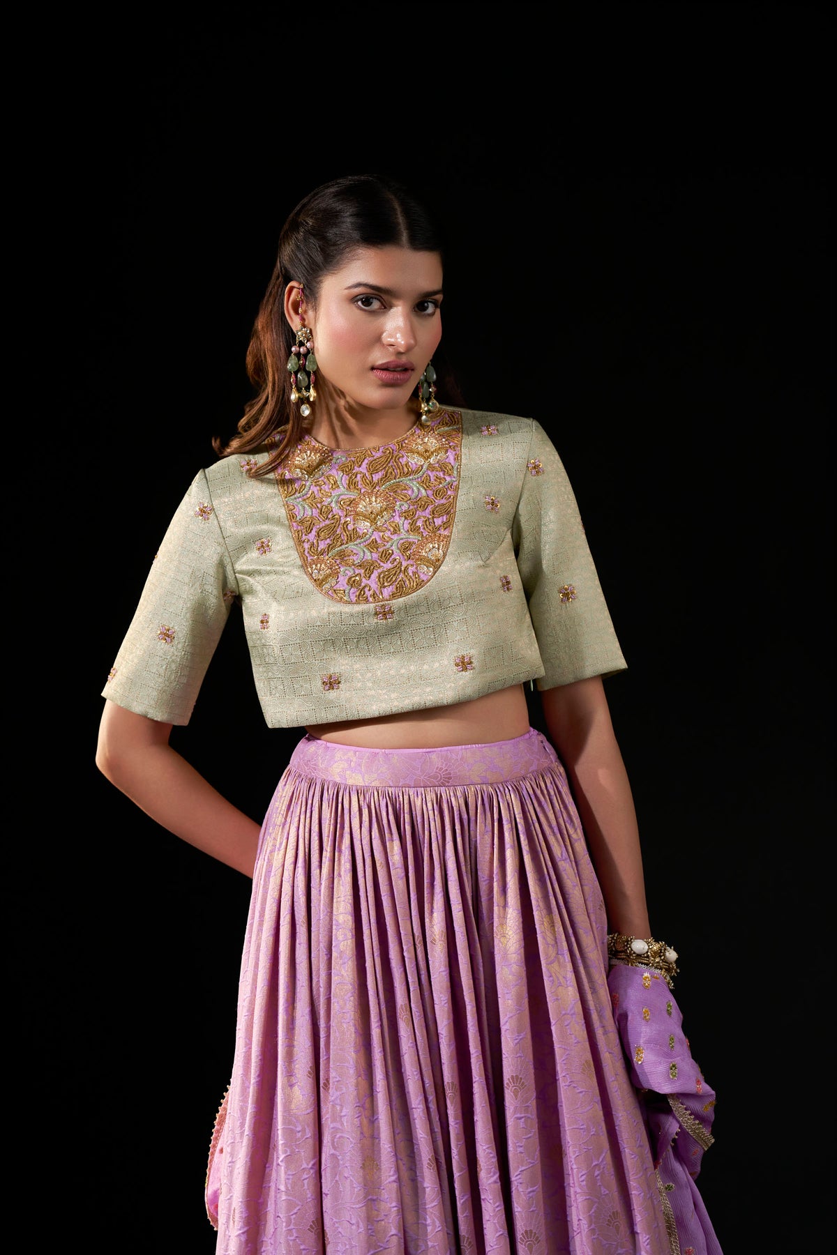 Lavender Kanjipattu Skirt Set with Hand-Embellished Blouse