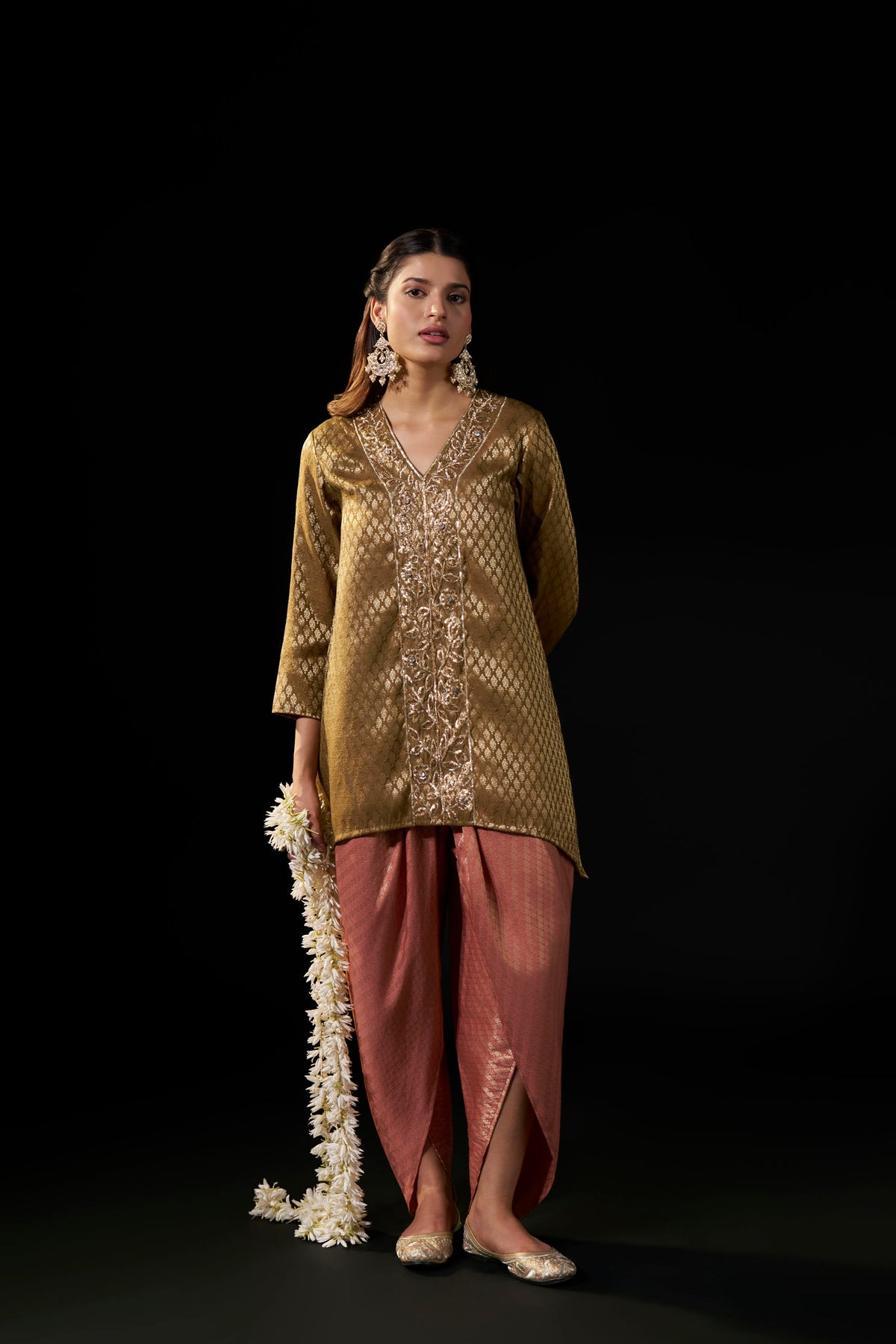 Gold Brown Brocade Tunic with Dusty Pink Draped Pants