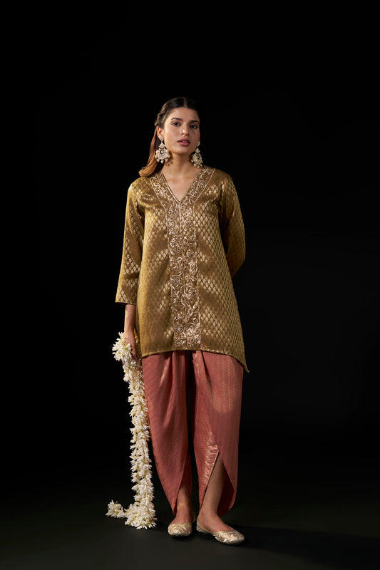 Gold Brown Brocade Tunic with Dusty Pink Draped Pants