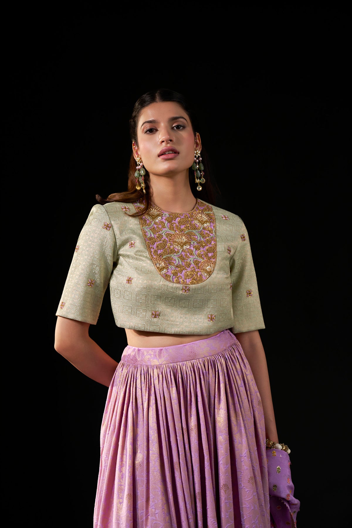 Lavender Kanjipattu Skirt Set with Hand-Embellished Blouse