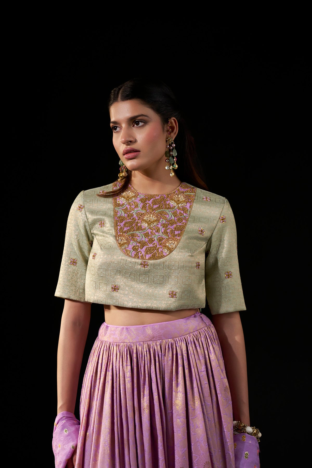 Lavender Kanjipattu Skirt Set with Hand-Embellished Blouse