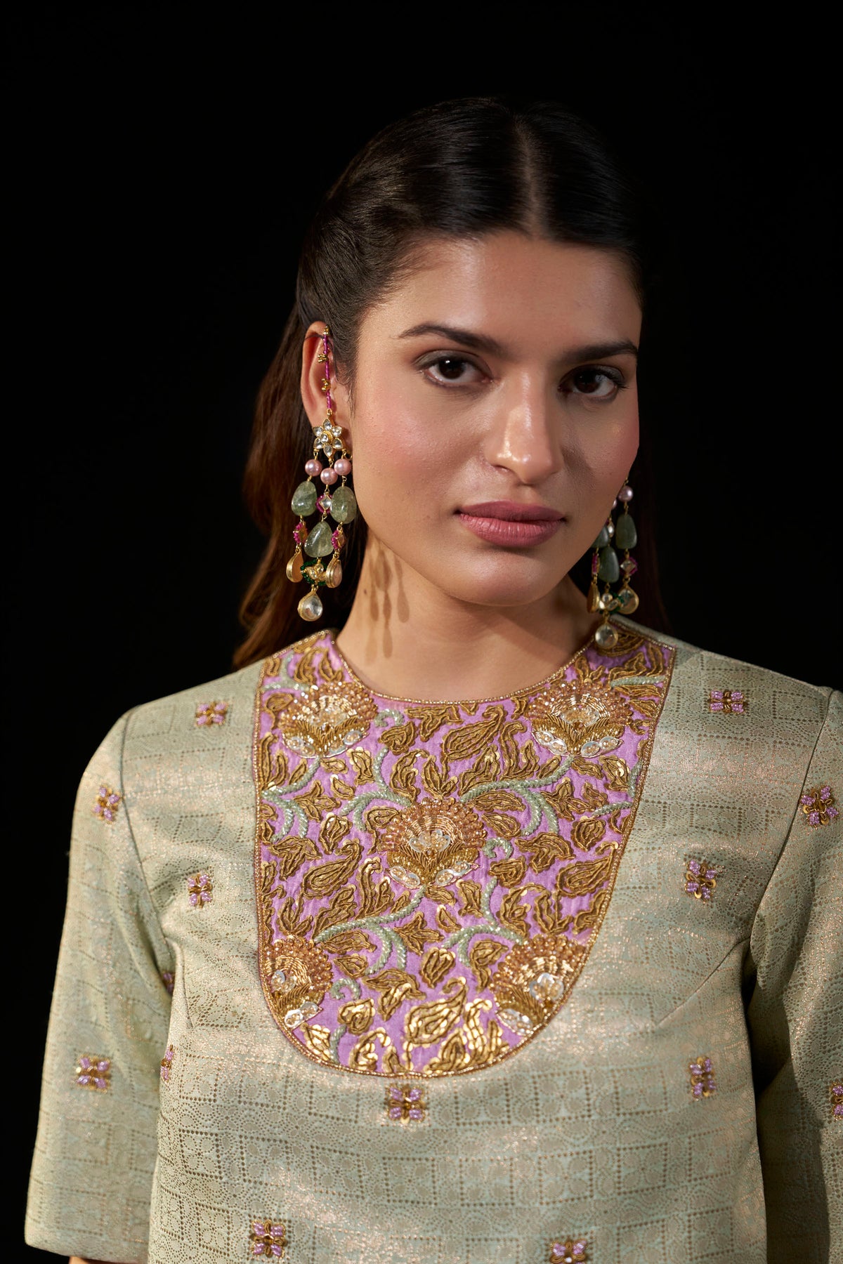 Lavender Kanjipattu Skirt Set with Hand-Embellished Blouse