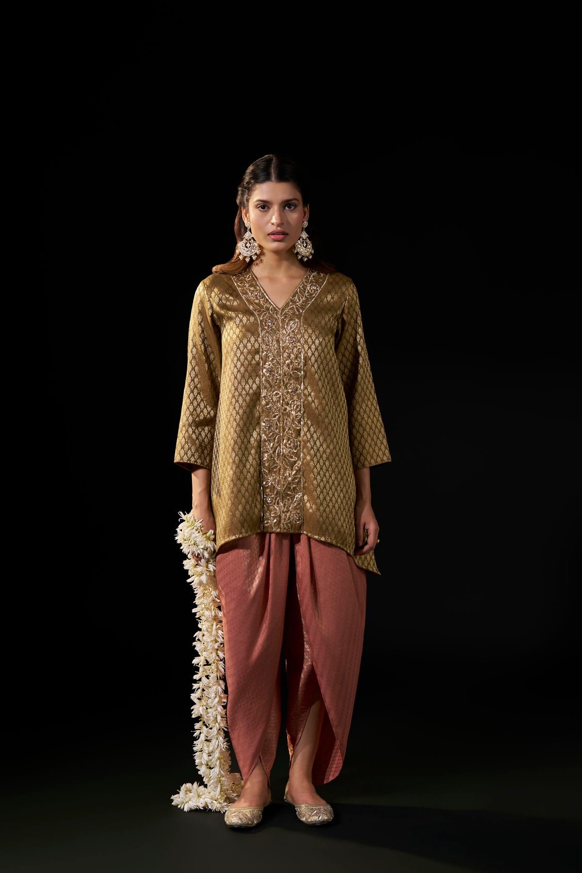 Gold Brown Brocade Tunic with Dusty Pink Draped Pants
