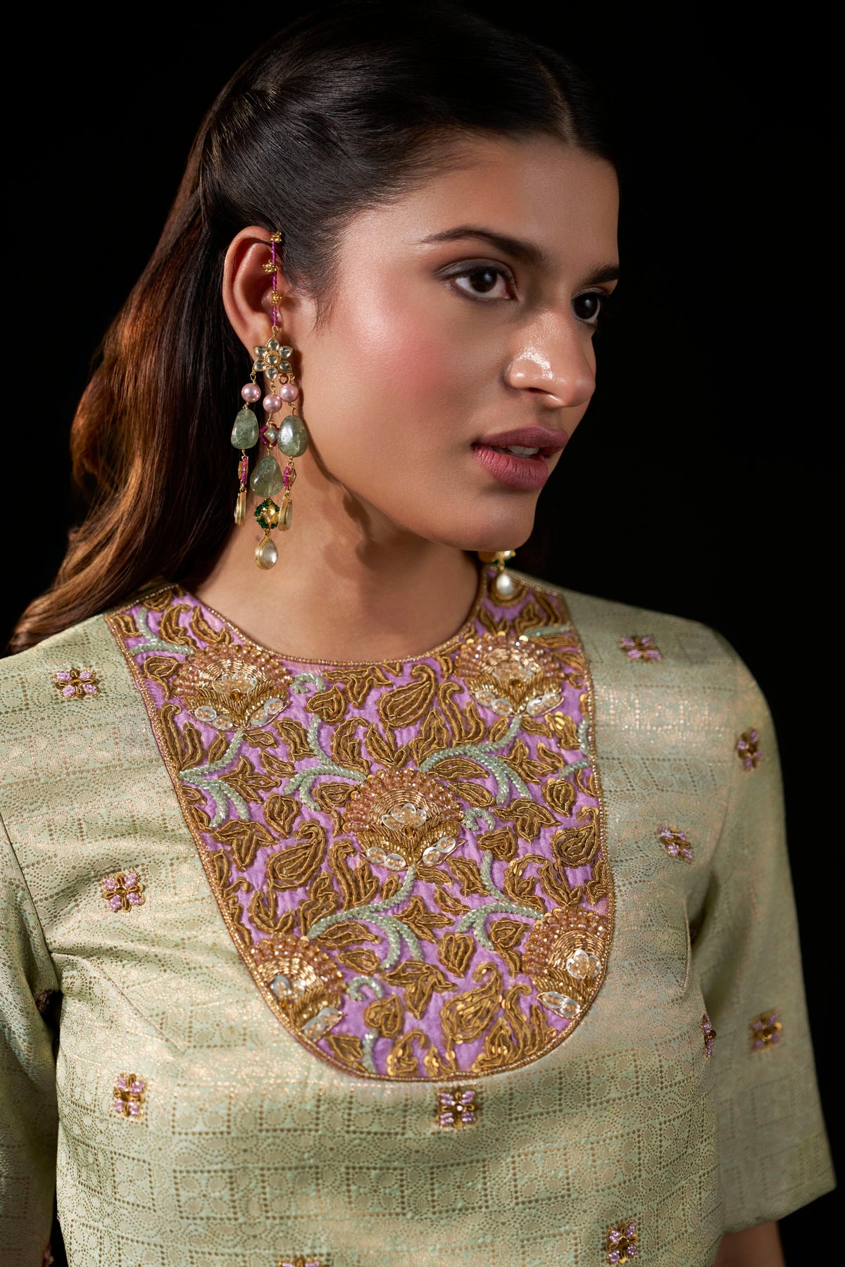 Lavender Kanjipattu Skirt Set with Hand-Embellished Blouse