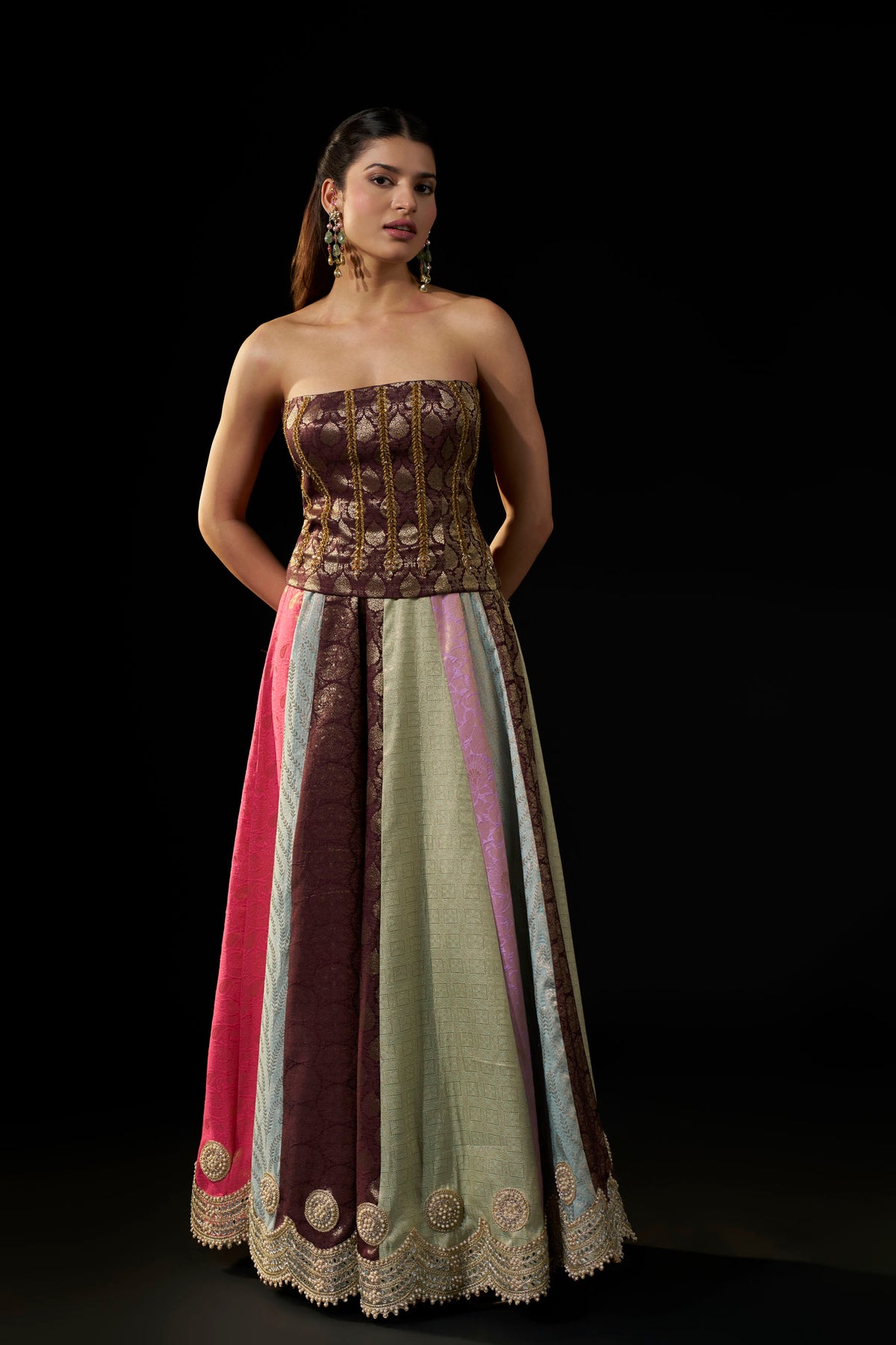 Brown Brocade Tube Top with Hand Embellishment