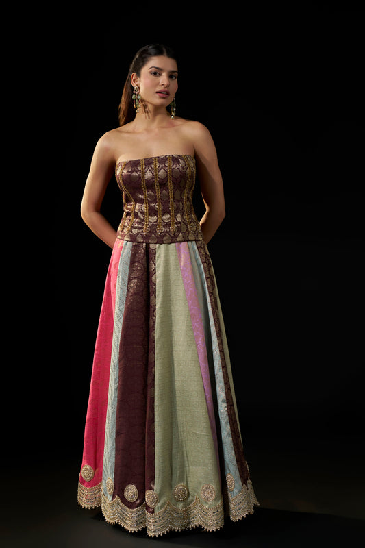 Brown Brocade Tube Top with Hand Embellishment