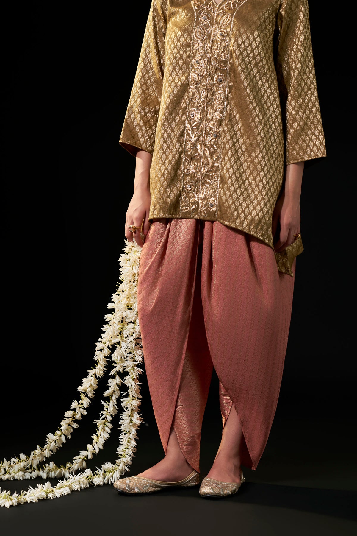 Gold Brown Brocade Tunic with Dusty Pink Draped Pants