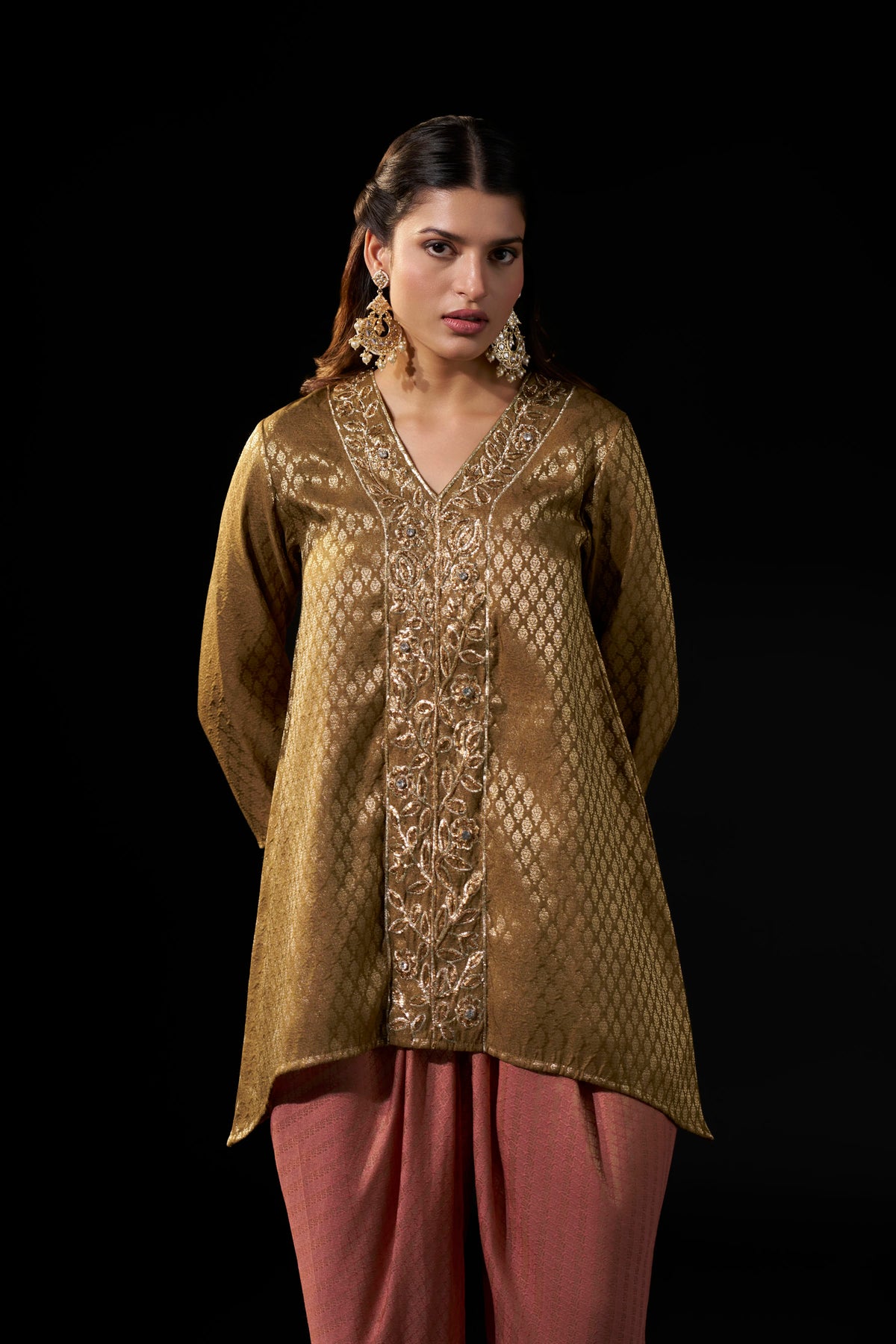 Gold Brown Brocade Tunic with Dusty Pink Draped Pants