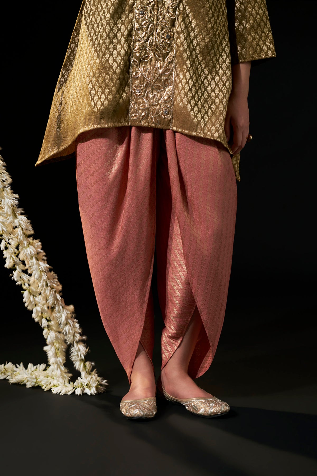 Gold Brown Brocade Tunic with Dusty Pink Draped Pants