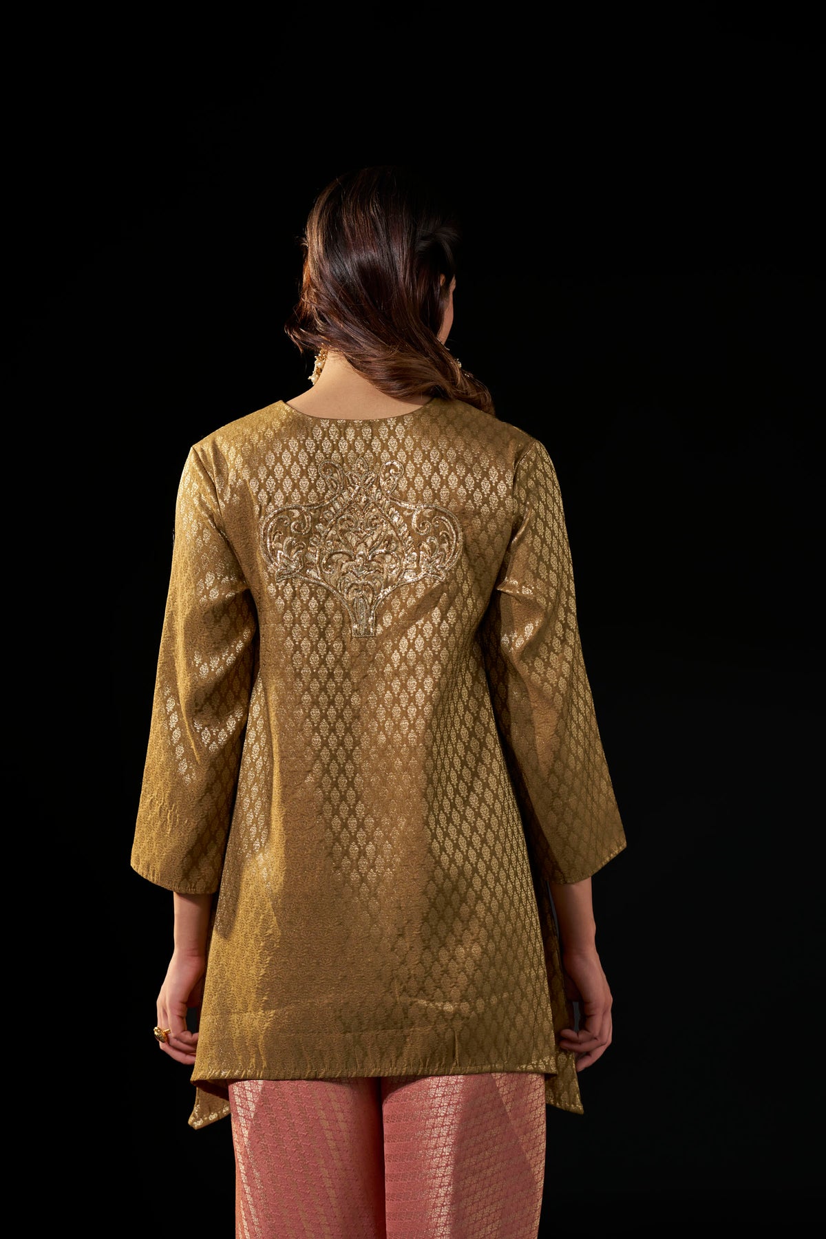 Gold Brown Brocade Tunic with Dusty Pink Draped Pants