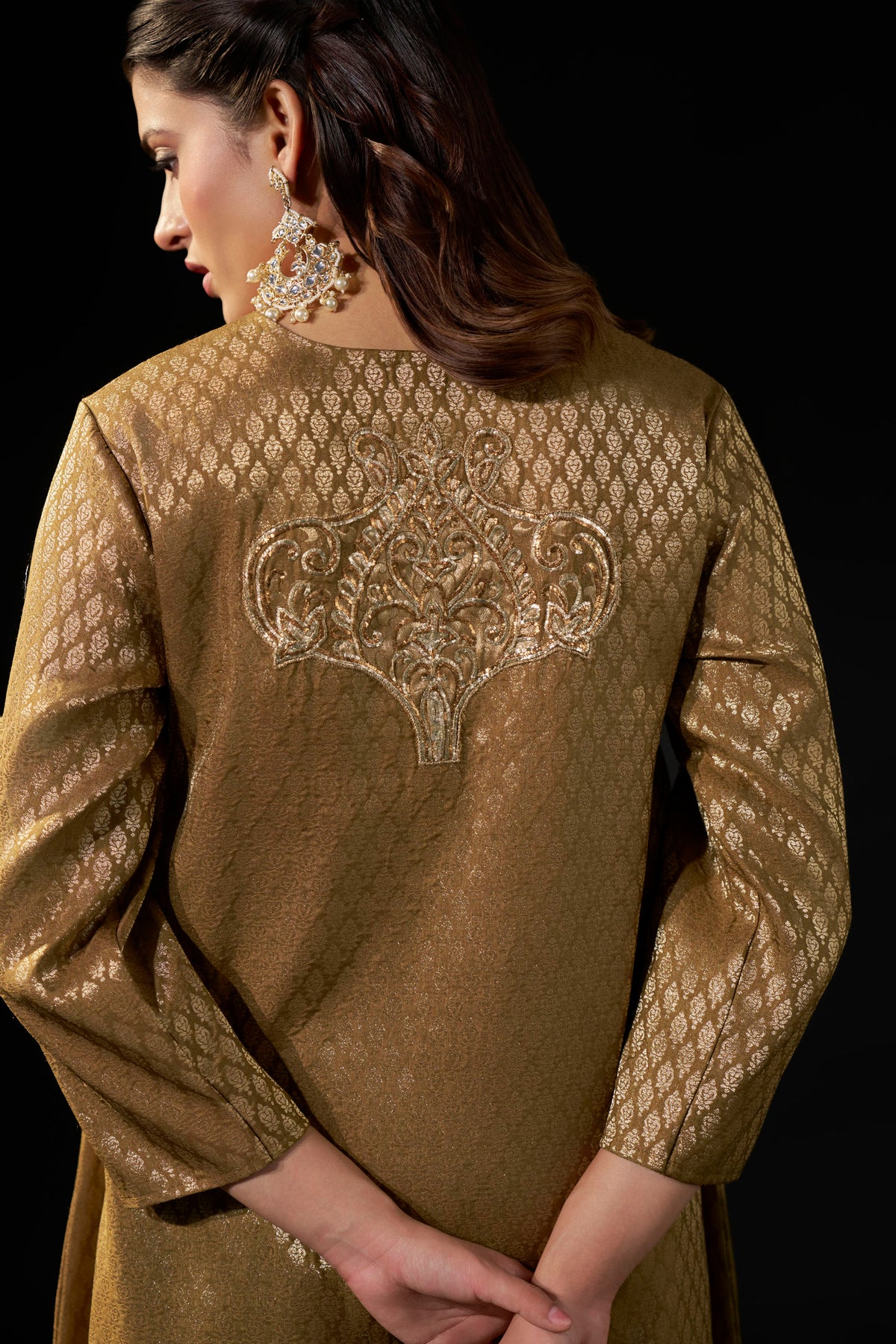Gold Brown Brocade Tunic with Dusty Pink Draped Pants
