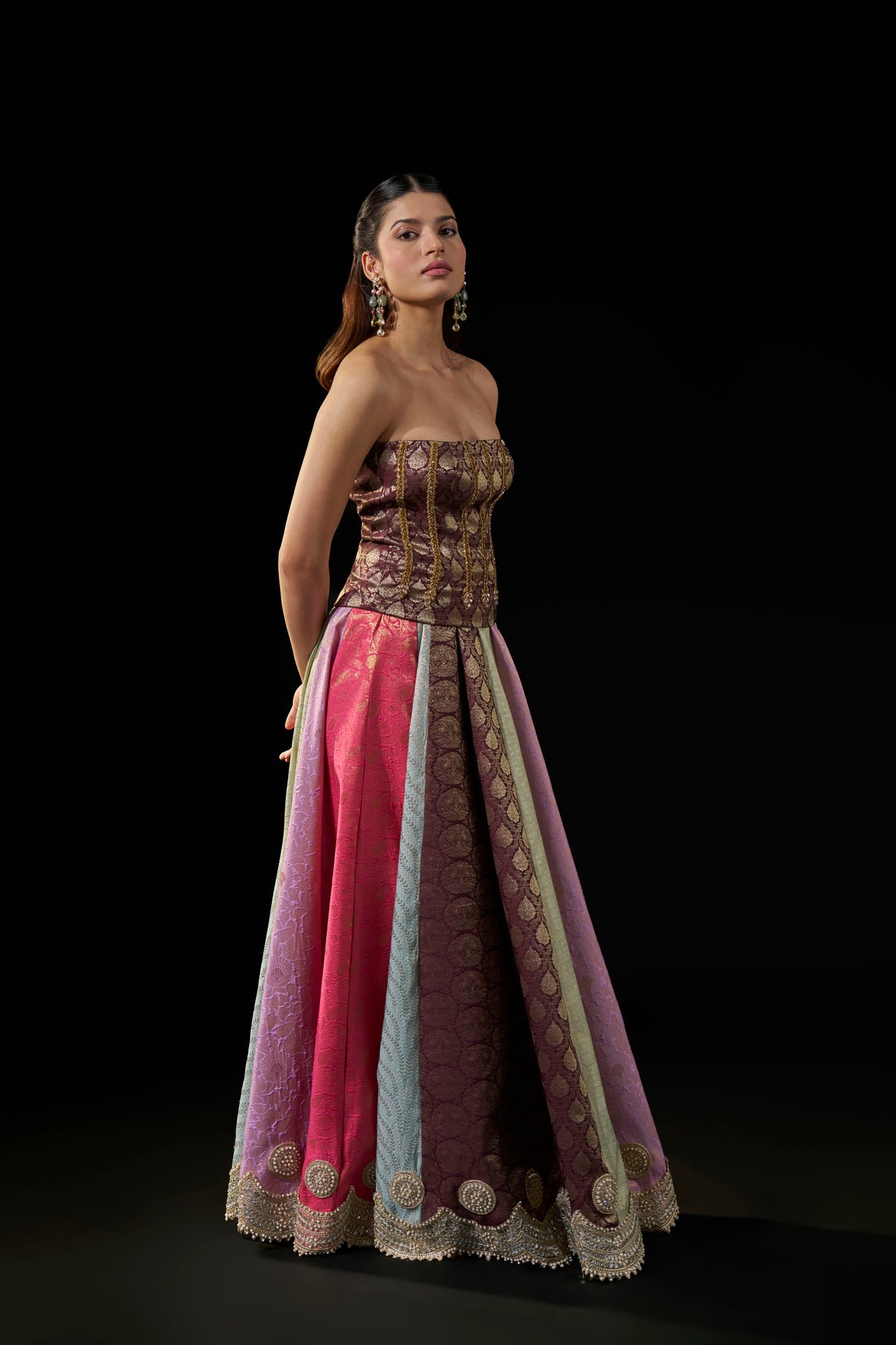 Brown Brocade Tube Top with Hand Embellishment