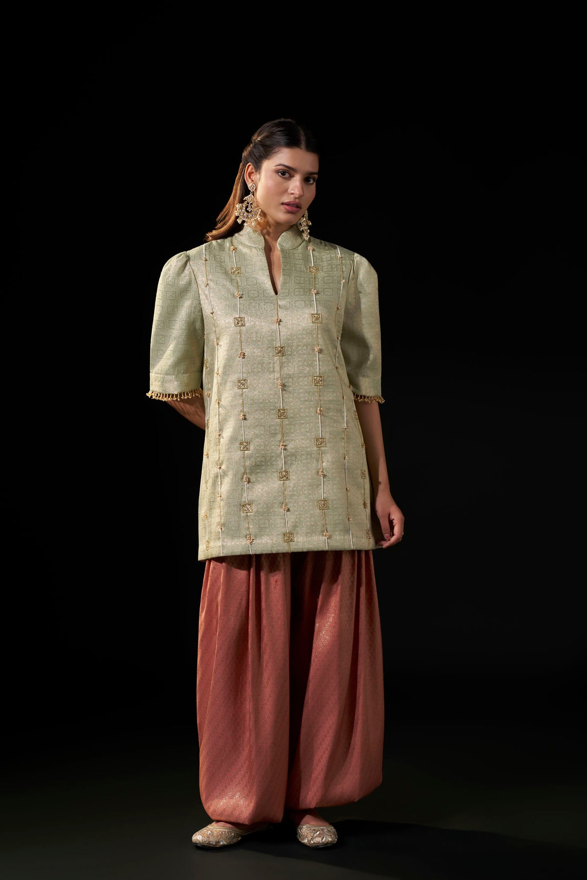 Mint Brocade Tunic with Dusty Pink Afghani Pants