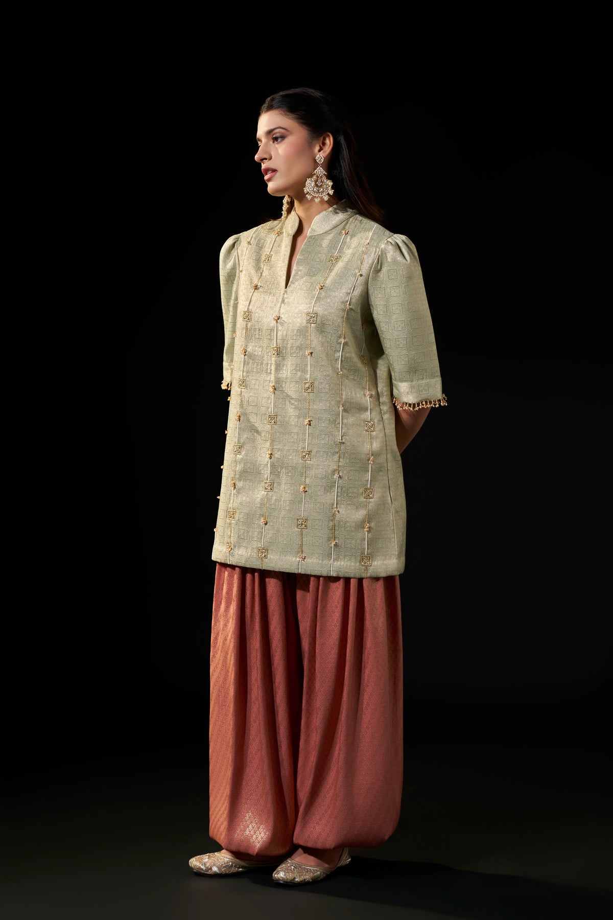 Mint Brocade Tunic with Dusty Pink Afghani Pants