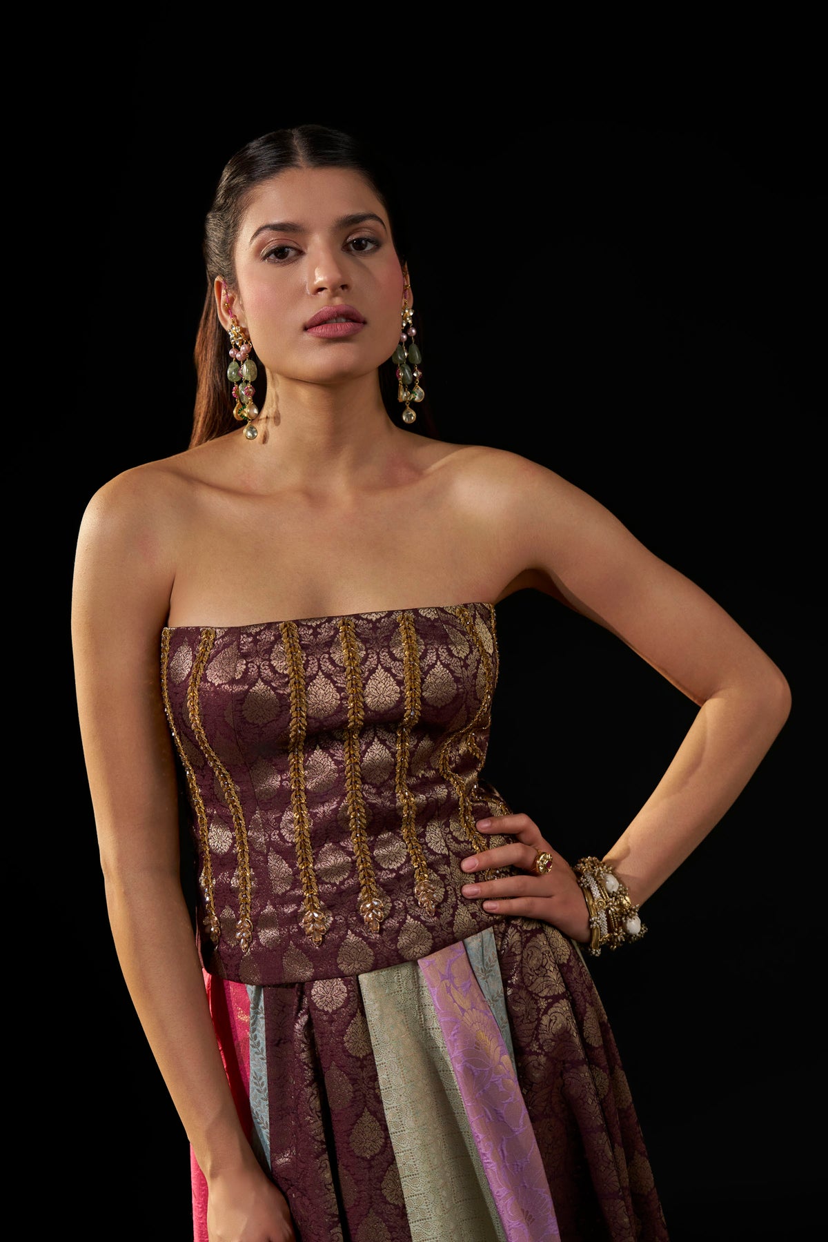 Brown Brocade Tube Top with Hand Embellishment
