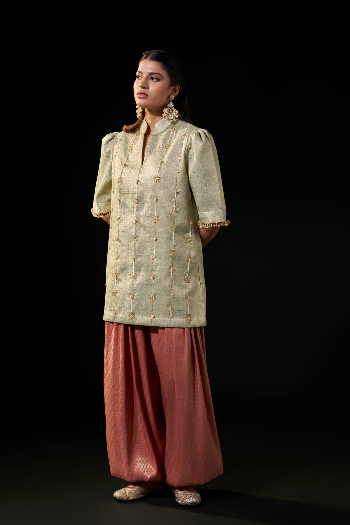Mint Brocade Tunic with Dusty Pink Afghani Pants