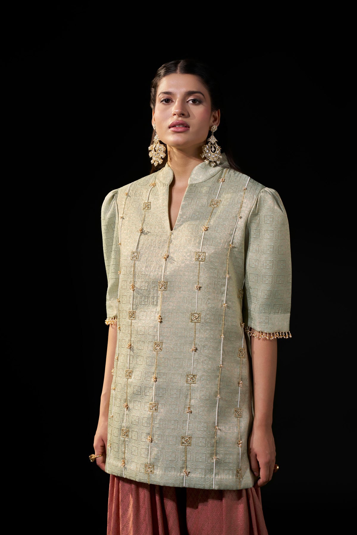 Mint Brocade Tunic with Dusty Pink Afghani Pants