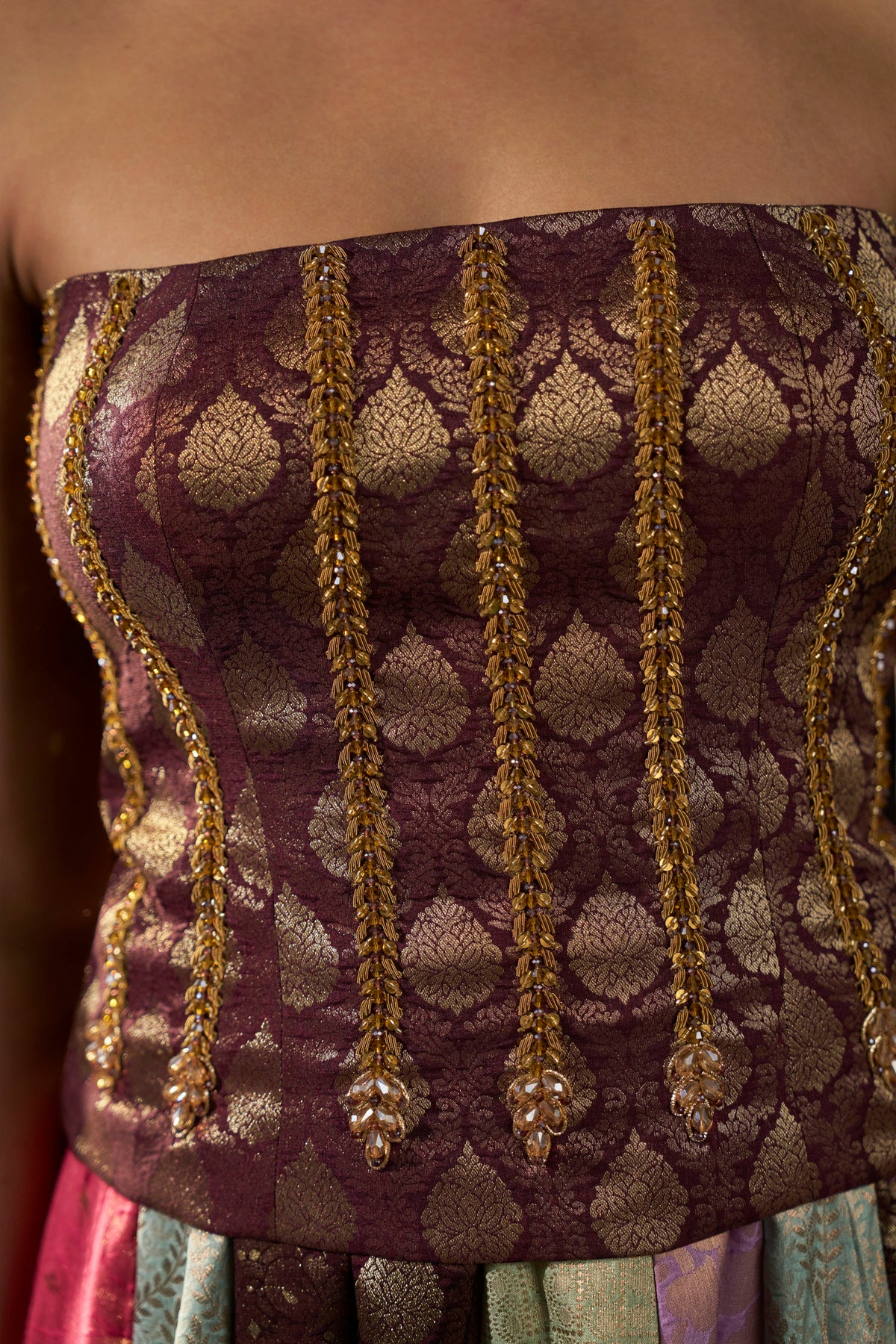 Brown Brocade Tube Top with Hand Embellishment
