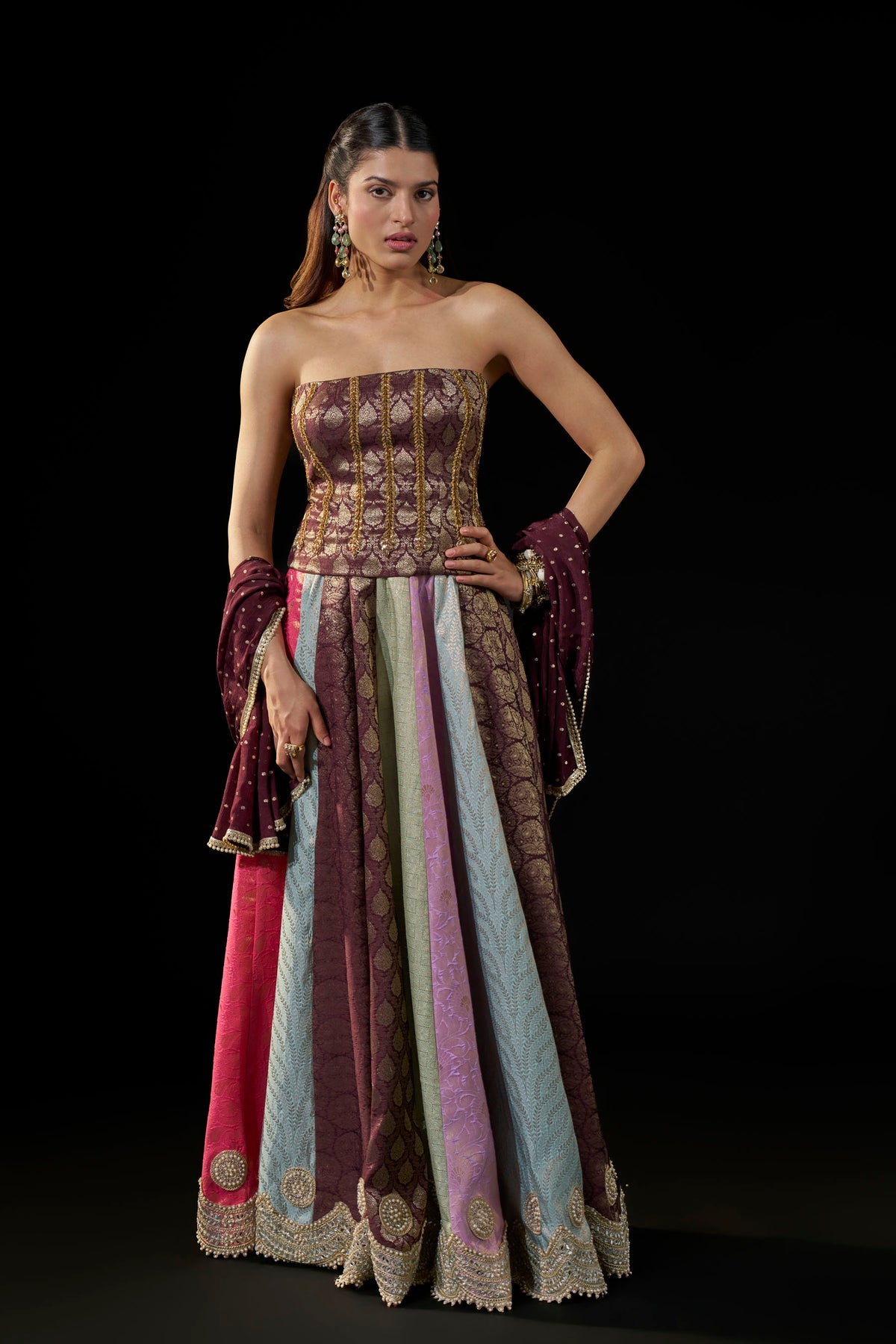 Brown Brocade Tube Top with Hand Embellishment