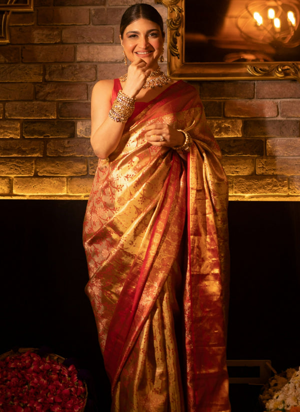 red and gold Kanchipuram silk saree