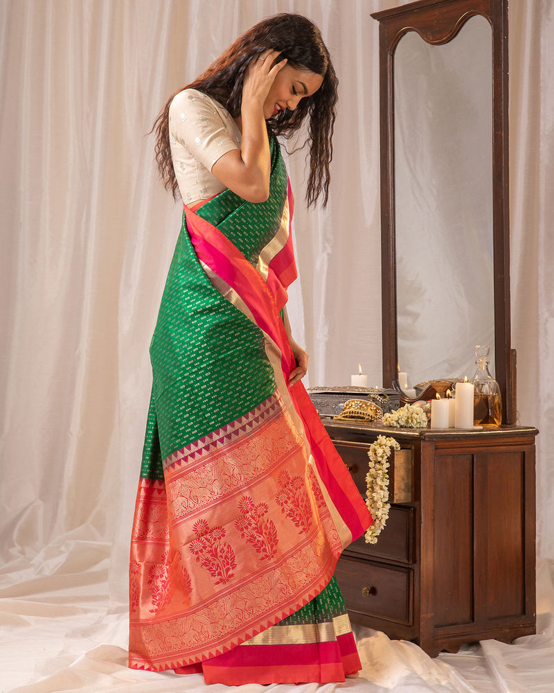 Green Red Border Kanjivaram silk saree