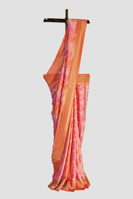 Pink Orange Floral Jacquard Saree