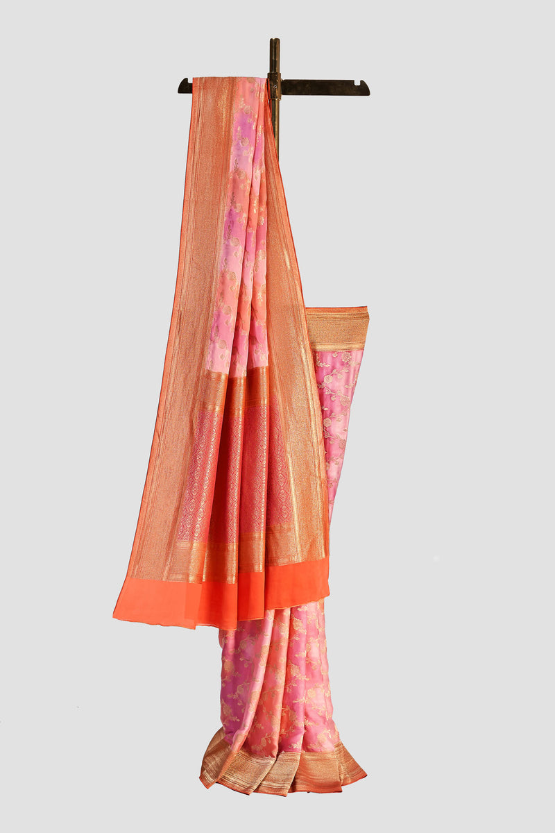 Pink Orange Floral Jacquard Saree
