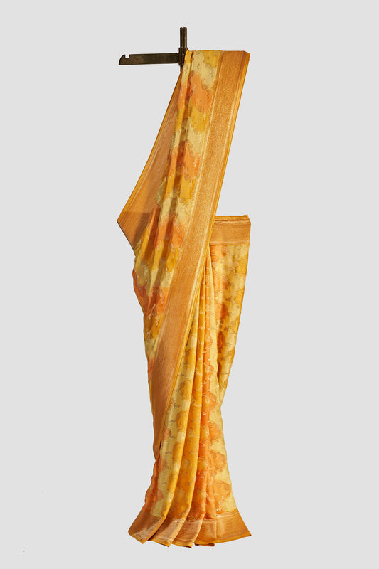 Stunning Yellow Satin Floral Jacquard Saree