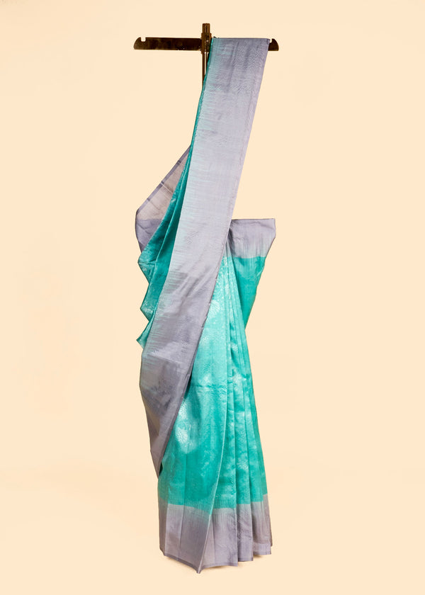 green and grey silk tissue saree