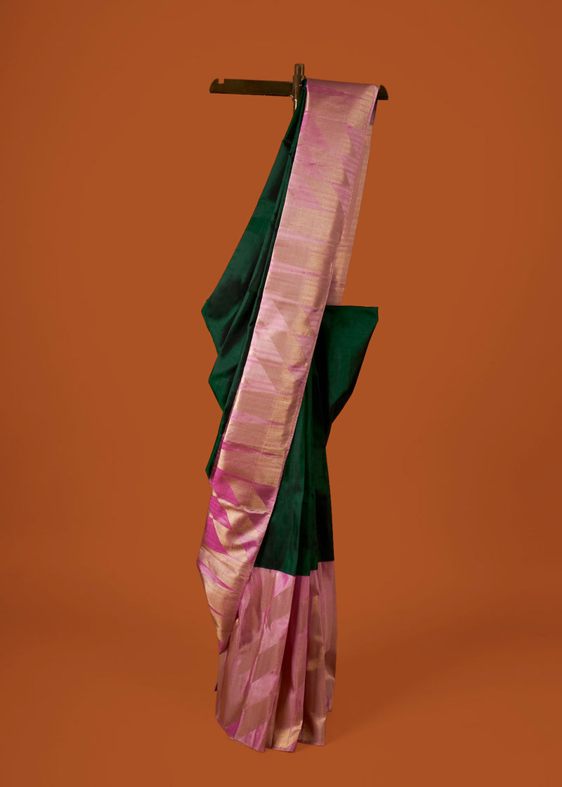 green silk saree with pink border