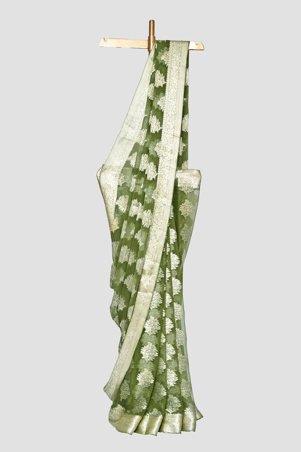 Olive Chiffon Brocade Saree With Tree Of Life Pattern