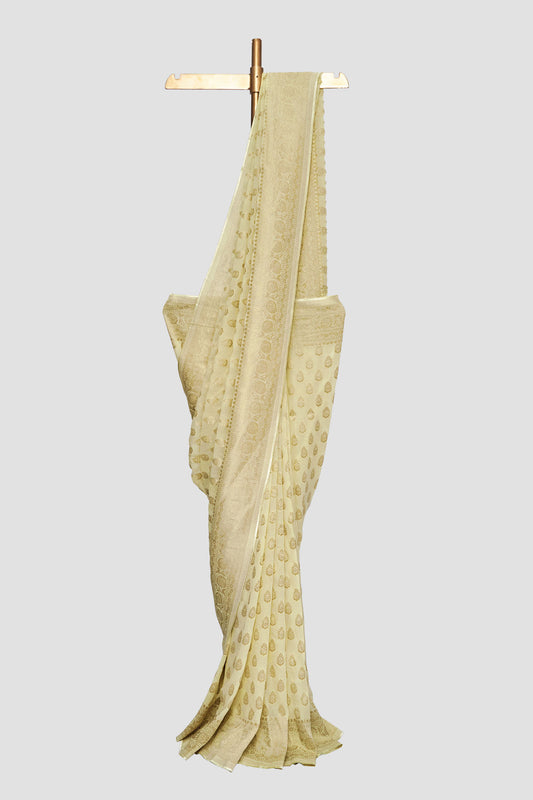 Pastel Yellow Georgette Brocade Saree With Jhallar