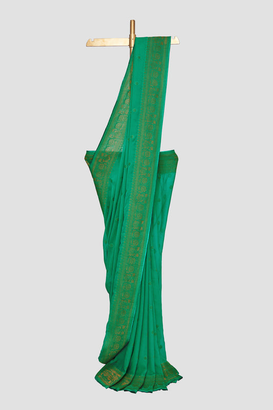 Green Georgette Brocade Saree With Bel Border Pattern