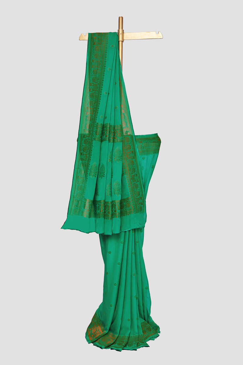 Green Georgette Brocade Saree With Bel Border Pattern