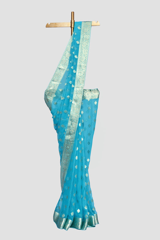 Blue Chiffon Saree With Leaf Pattern