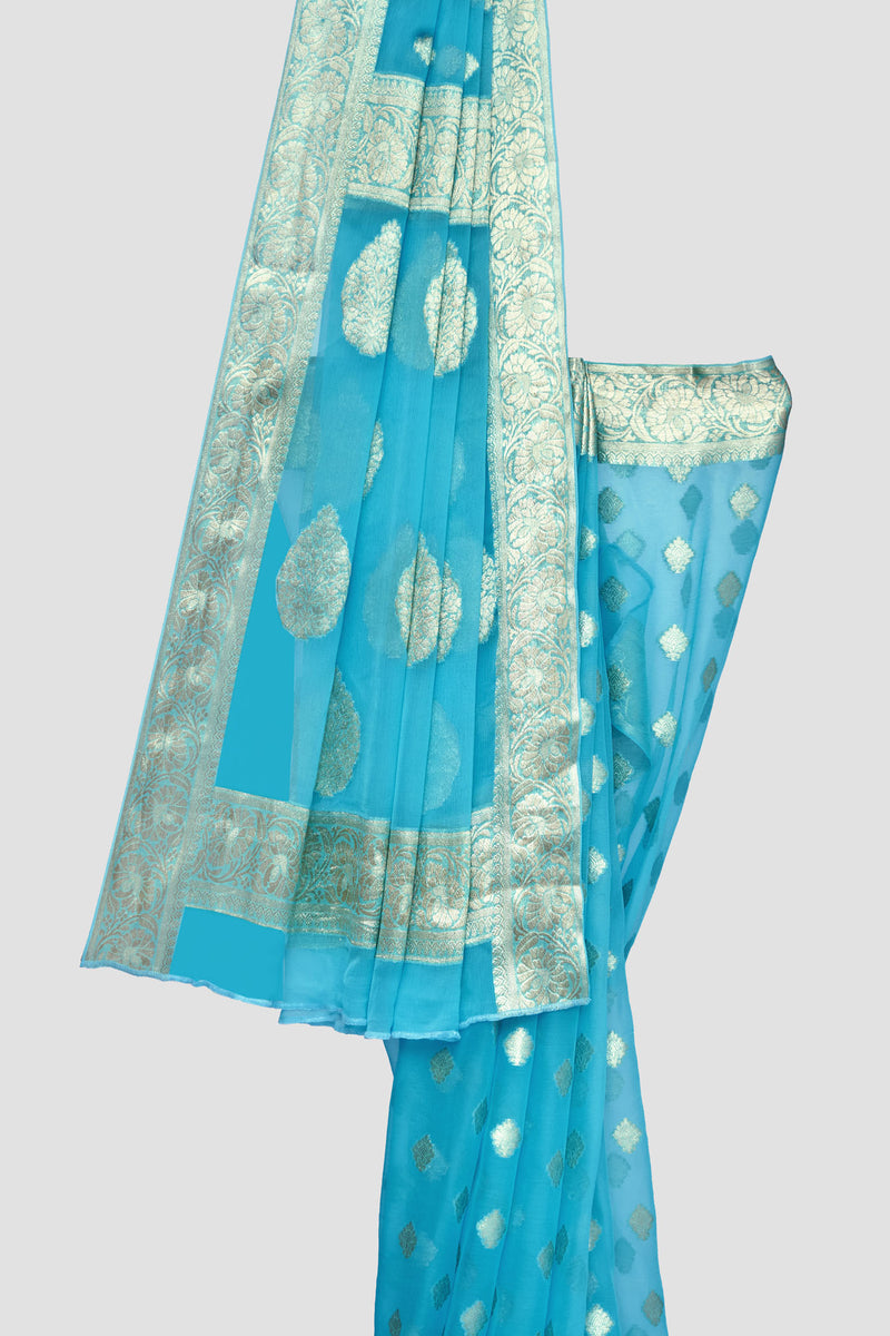 Blue Chiffon Saree With Leaf Pattern